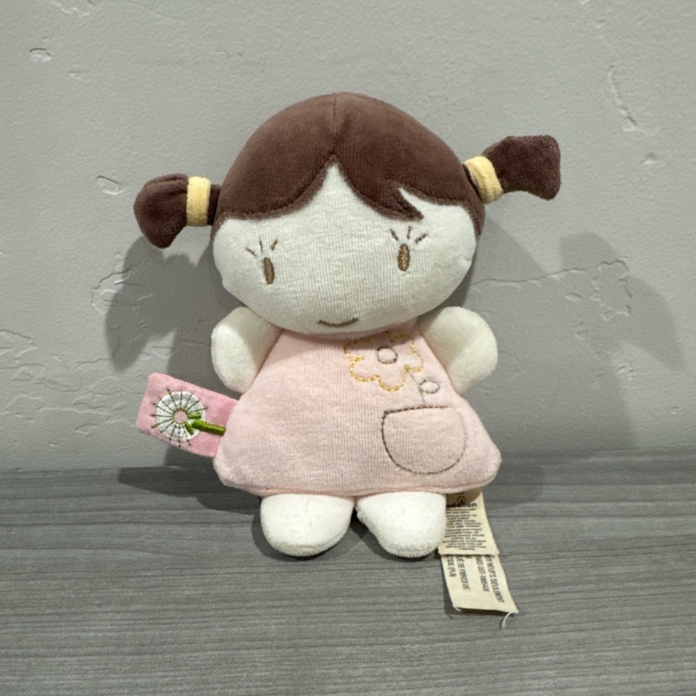DANDELION Baby Doll Organic Cotton Plush Girl Doll All Natural 8” Rattle Brown